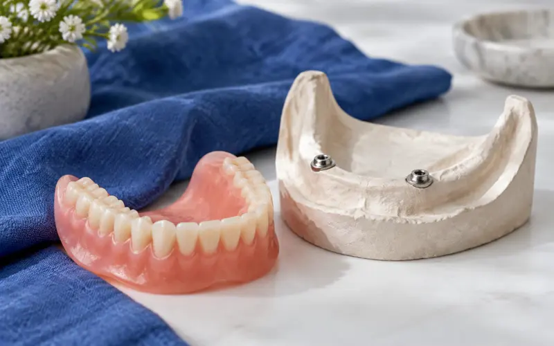 Een onderkunstgebit naast een gipsen kaakmodel met twee metalen drukknoppen